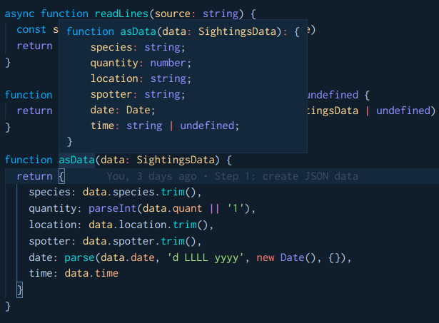 Screenshot of VsCode showing TypeScript type annotation